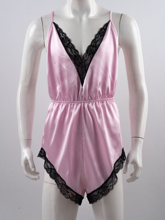 Mens%20Male%20Lace%20Silk%20Satin%20V-neck%20Pajamas%20Jumpsuit%20Adjustable%20Spaghetti%20Strap%20Nighties%20Lace%20Trimmed%20Sleepwear%20Nightwear%20-%20Image%203