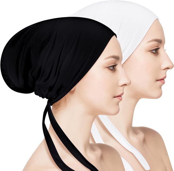 2 Pieces Women Under Scarf Hat Hijab Cap with Ties Back, Black and White