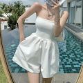 Summer New Culottes White Jumpsuit Tube Top Jumpsuit Women's High Waist Slimming Loose-Fitting Wide-Leg Short Jumpsuit. 