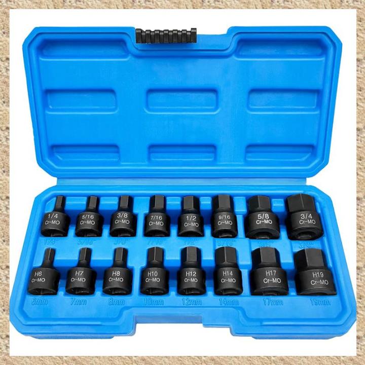 3/8 Inch Drive Low Profile Impact Hex Driver Set 16 Pcs SAE/Metric 1/4 ...