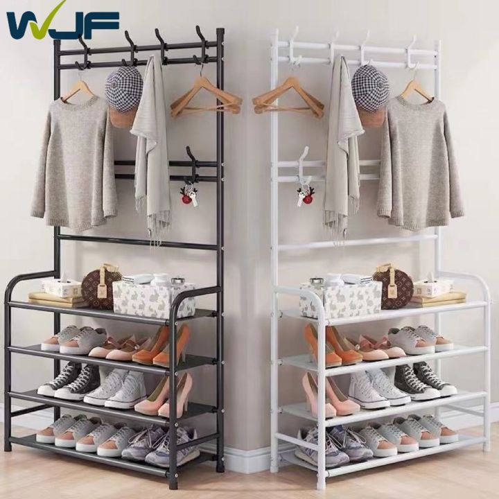 WJF Multifunctional Shoe Rack Organizer Simple Floor Coat Rack Shoe Hat Rack 4 Layer