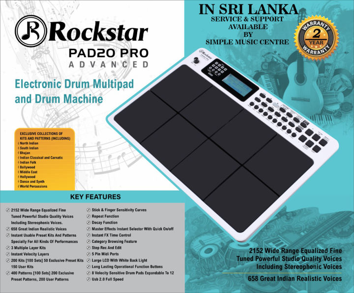 Rockstar PAD20 PRO Advanced Octa pad Electronic Drum Multi pad & Drum Machine, Hand Playable - White With 29 Buttons, 8 Pad