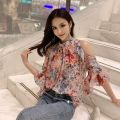 off-the-Shoulder Floral Chiffon Blouse Women's Summer Wear2023New Fashionable Korean Style Temperament Shirt Loose Bell Sleeve Top. 