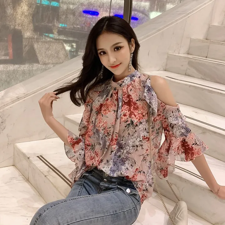 off-the-Shoulder%20Floral%20Chiffon%20Blouse%20Women's%20Summer%20Wear2023New%20Fashionable%20Korean%20Style%20Temperament%20Shirt%20Loose%20Bell%20Sleeve%20Top%20-%20Image%202