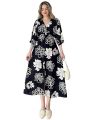 Neetu Collection Women's 3/4 Sleeves Rayon Fabric V Neck Front Slit Flower Printed Midi Dress for Wedding Party & Festive - Pink. 
