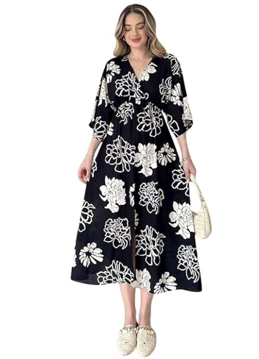 Neetu Collection Women's 3/4 Sleeves Rayon Fabric V Neck Front Slit Flower Printed Midi Dress for Wedding Party & Festive - Pink