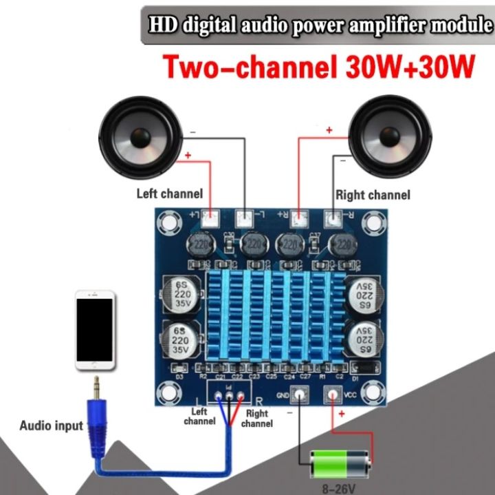 Digital Stereo Audio Amplifier Board - High-Quality Sound Reproduction, TPA3110 XH-A232 30W+30W 2.0 Channel , DC 8-26V 3A C6-001