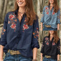 ZANZEA Womens Long Sleeve V Neck Buttons Blouse Ladies Embroidered Denim Shirts. 
