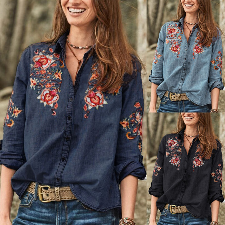 ZANZEA%20Womens%20Long%20Sleeve%20V%20Neck%20Buttons%20Blouse%20Ladies%20Embroidered%20Denim%20Shirts%20-%20Image%204