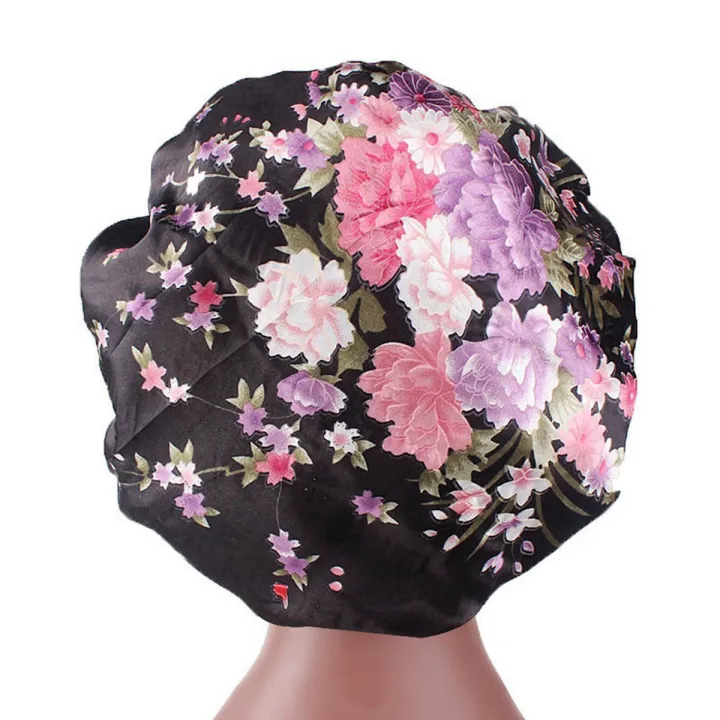 Women%20Fashionable%20Floral%20Print%20Satin%20Wide%20Edges%20Sleep%20Caps%20Hair%20Care%20Bonnet%20-%20Image%202