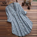 Yfashion Women Cotton Long Sleeves Shirt Trendy V Neck Pleated Floral Printing Blouse Casual Large Size Cardigan Tops. 