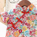 [lrih Store]1-4-7 Years Old Baby Girls Flying Sleeve Chinese Style Cotton Fishtail Cheongsam Chinese Buckle Broken Flower Dress Cute. 