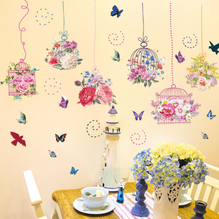 Pastoral Style Butterfly Flower Bird Cage Wall Sticker Living Room Bedroom Decorations Wallpaper Mural Removable Stickers