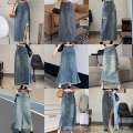 2024 new straight pear shaped slimming mid length A line hip high waist split denim skirt for women in summer. 