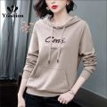 Yfashion Women Cotton Hooded Sweater Trendy Letter Printing Long Sleeves Sweatshirt Loose Pullover Tops. 