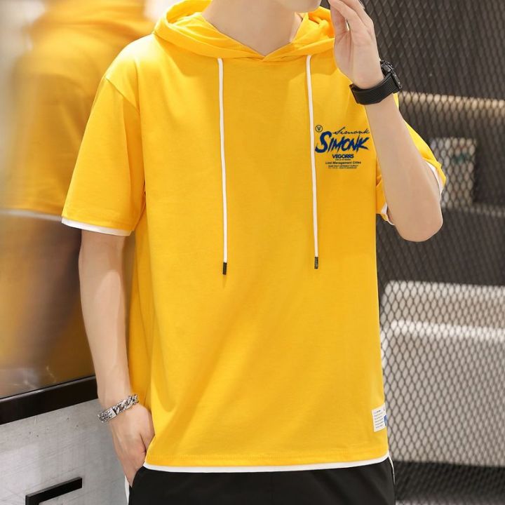 Summer All-Matching Hooded Short SleeveTT-shirt Men's Trendy Hooded Sports Loose Tops Hoodie Korean Style Hong Kong Style Sweater Fashion