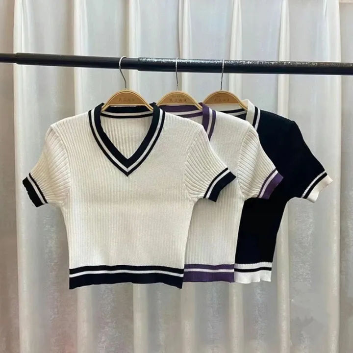 bellylady%20Women%20Cotton%20Cropped%20T%20Shirt%20Retro%20Knitted%20V-neck%20Pullover%20Tops%20Short-sleeved%20High-waisted%20Slim%20Fit%20Shirt%20-%20Image%209