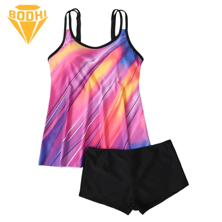 Quick Drying Bathing Suit Floral Print Plus Size Tankini Set for Women Quick Dry Bathing Suit with Skinny Swim Trunks 2pcs Set for Beach Look