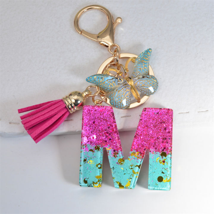 Resin A-Z Letter Keychain Gradient Butterfly Tassel Pendant Keyring for Women Girl Purse Handbag Car Key Accessories Gift