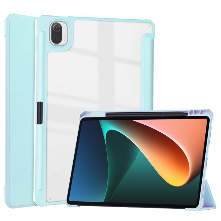 For Xiaomi Pad 5 / 5 Pro Three-fold Transparent TPU Horizontal Flip Leather Case with Pen Slot & Three-fold Holder & Sleep / Wake-up Function