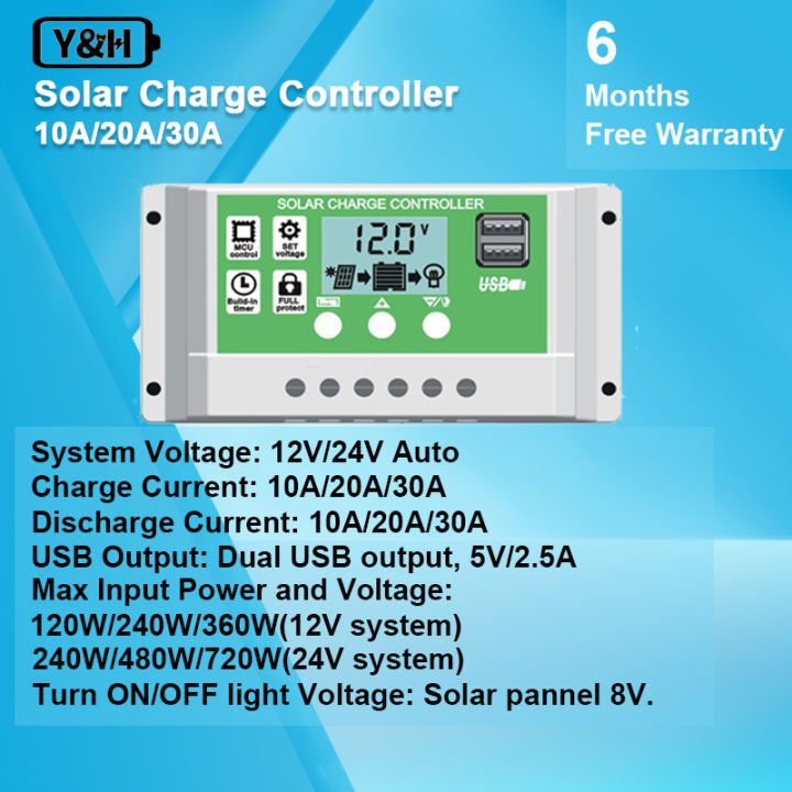 【FOOT SOFA】Y&H 10A 20A 30A Solar Charge Controller Solar Panel Regulator Dual USB Backlight LCD Display and Timer Setting ON/Off Hours