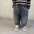 Boy Girl children patch casual jeans autumn winter clothes kid loose pocket retro denim pants Baby Cotton solid fashion trousers boys. 