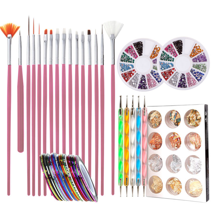 Monja 64Pcs/Set Nail Set Nail Art Painting Brush Kit 5 Pcs Rhinetstone Dotting Picking Pen Nail Foil Tape Sticker Diy Manicure Tool