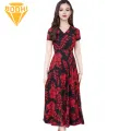 Comfo ble Soft Fabric Dress Floral Print V-neck Midi Dress for Women Stylish Office Party Wear with Flowy Hem Waist Tight Fit Short S ve Casual Dress. 