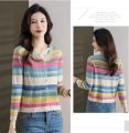 Long Sleeved Knitted Button Cardigan Women Autumn Design Rainbow Fashion Top New Korean Style Slim Short Top Stripe Trend. 