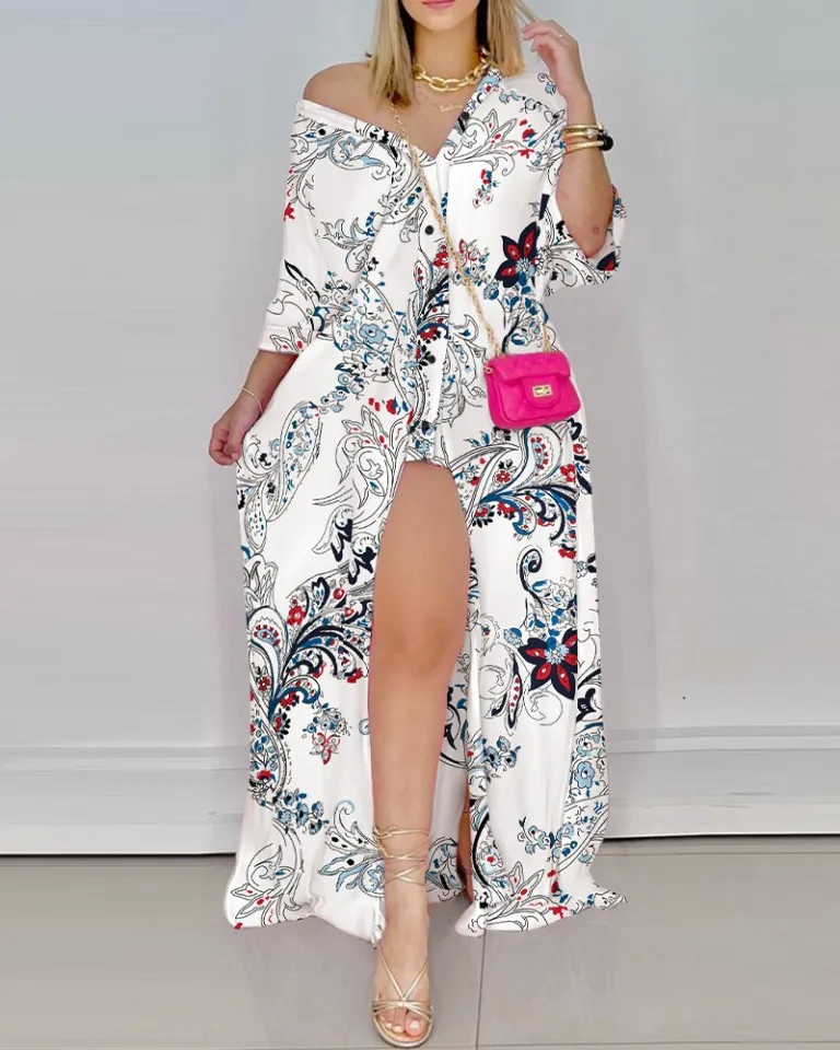 Elegant Print V Neck Long Shirt Dress Women Button High Slit Party Dress  2022 Summer Long Sleeve Loose Casual Maxi Dresses | Daraz.lk