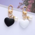Matte Black White Heart Pendant Keychain Romantic Pearl Tag Key Ring Accessories Cute Bag Hanging Ornaments Car Trinket Keyring. 
