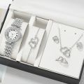 Luxurious 6pc Dainty Quartz Watch Heart Jewelry Set for Women - Stylish Rhinestone Watch with Double Heart Necklace Bracelet Earrings Ring. 
