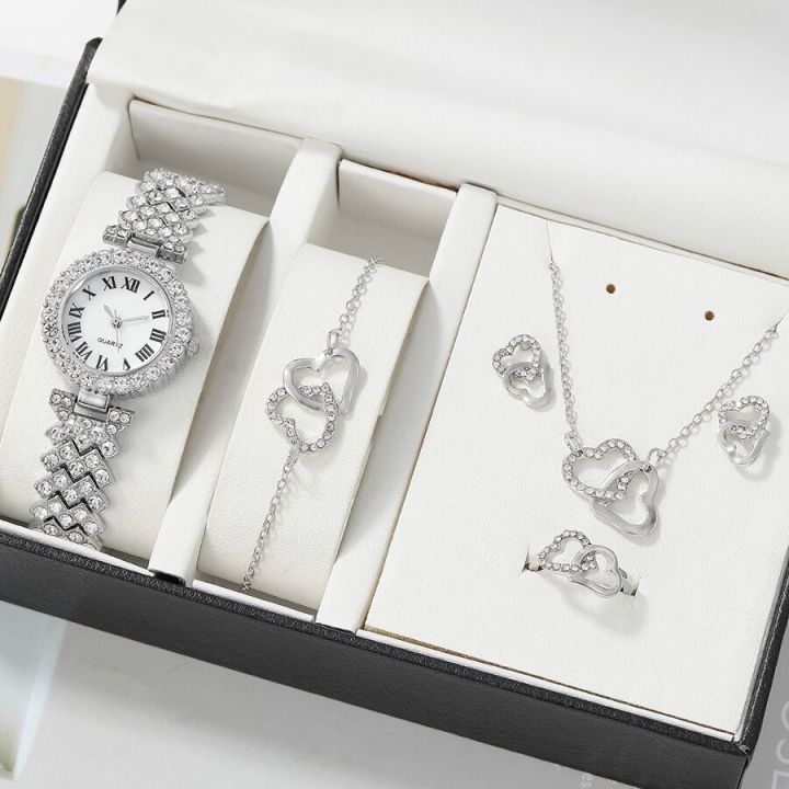 Luxurious 6pc Dainty Quartz Watch Heart Jewelry Set for Women - Stylish Rhinestone Watch with Double Heart Necklace Bracelet Earrings Ring