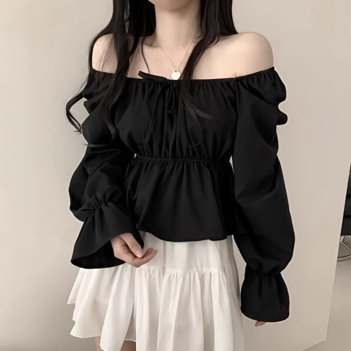 2025%20Fashion%20New%20Ruffle%20White%20Long%20sleeved%20Women's%20Blouses%20Square%20Neck%20Sexy%20Short%20Shirt%20Korean%20Style%20Flare%20Sleeve%20Sweet%20Tops%20-%20Image%203