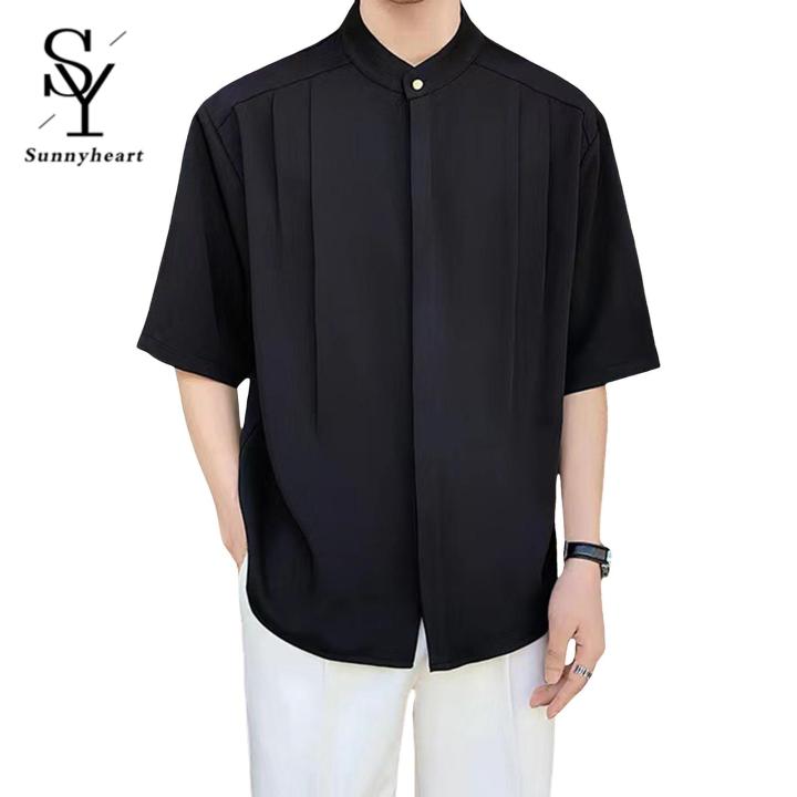Sunnyheart Men Solid Color Shirt Men's Summer Stand Collar Ice Silk Shirt Casual Business Top for Men Lightweight Half Sleeves Cardigan for Office Wear Lightweight Men Top