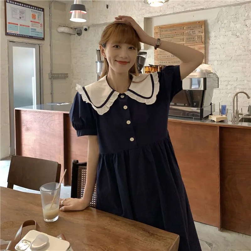 Summer New Sweet Retro Japanese Style Doll Collar Dress Female Students Korean Style Mid Length All MatchingaWord Dress Daraz.lk