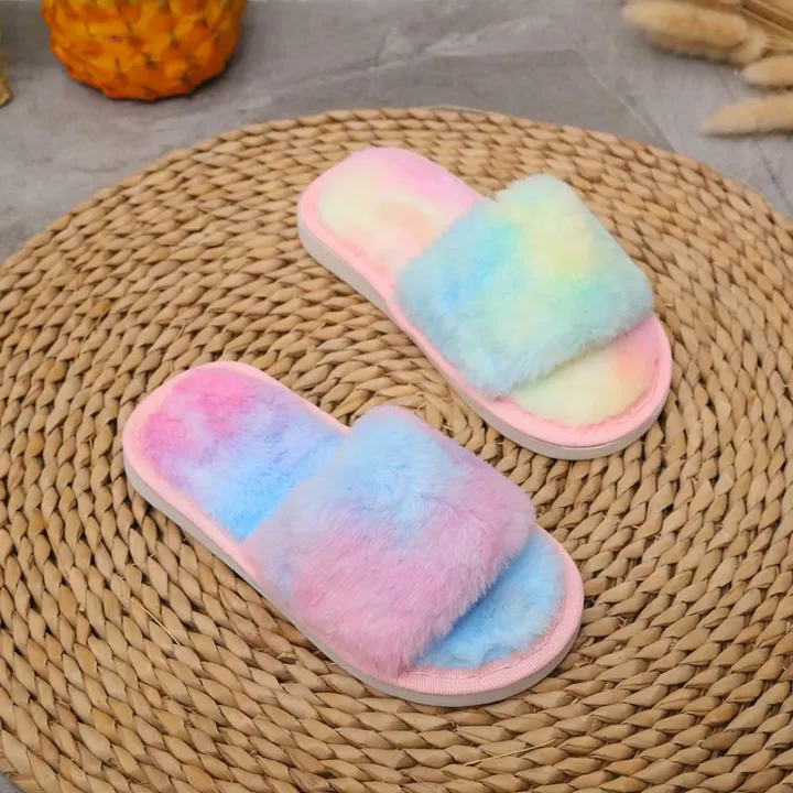 Home%20Children%20Parent-Child%20Fluffy%20Slippers%20Boys%20and%20Girls%20Colorful%20One-Word%20Autumn%20and%20Winter%20Floor%20Indoor%20Plush%20Slippers%20Rainbow%20-%20Image%203