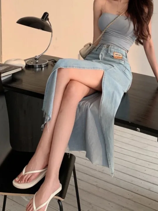 DEEPTOWN%20Long%20Denim%20Skirt%20Vintage%20Women%20Solid%20High%20Waist%20A-LINE%20Slim%20Korean%20Style%20Jean%20Slit%20Midi%20Skirt%20Summer%20Fashion%20Girl%20-%20Image%204