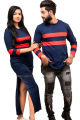 Navy Blue Red Two Line Long Sleeve Couple T shirt Maxi Dress | AS509. 