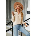 Yfashion Women Long Sleeves Tops Solid Color Design Button Shirt Blouse V-Neck Pullover Loose Jacquards T-Shirts Top. 