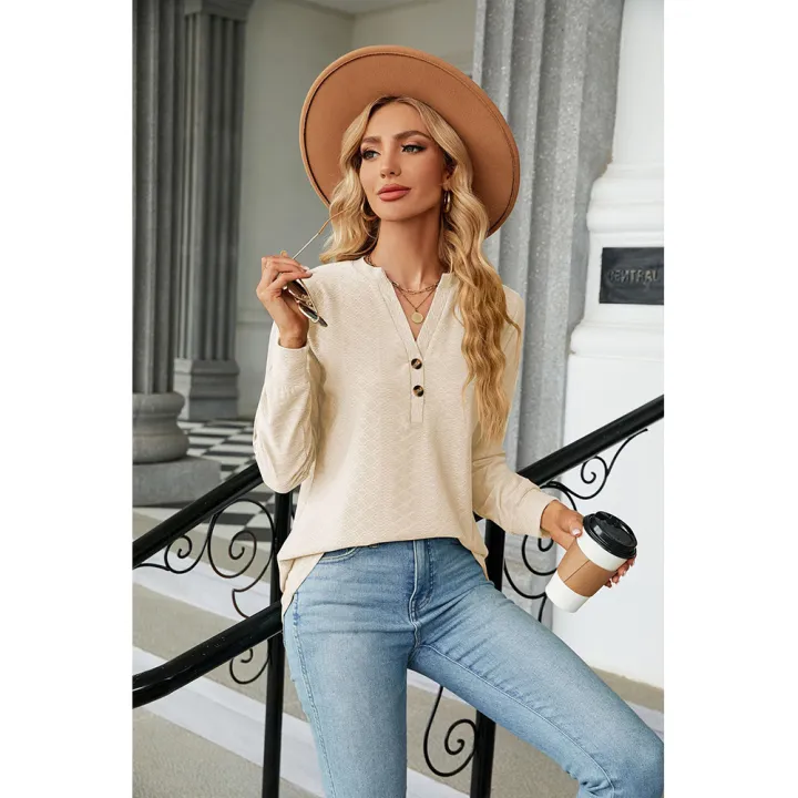 Yfashion%20Women%20Long%20Sleeves%20Tops%20Solid%20Color%20Design%20Button%20Shirt%20Blouse%20V-Neck%20Pullover%20Loose%20Jacquards%20T-Shirts%20Top%20-%20Image%204