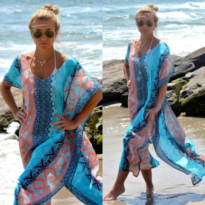 【HOT】 Boho Summer Printing Beach Dress Women Bathing Suit Cover Ups Sarong Bikini Long Robe Pareo Tunic Capes Kaftan Coverup