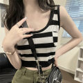 bellylady Summer Tank Tops For Women Cotton Trendy Striped Sleeveless Crop Tops Retro Contrast Color Ice Silk Pullover Vest. 