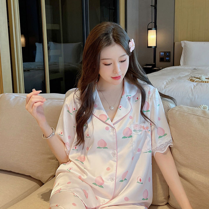 SYT%20Pajamas%20Women's%20Korean-Style%20Full%20Print%20High-End%20Ice%20Silk%20Cute%20Pink%20Peach%20Sweet%20Girl%20Ins%20Student%20Home%20Clothes%20-%20Image%205