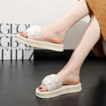 Fairy Style Sandals Women's Summer Lazy Sandals Korean Style Slippers Women's One-Word Net Red Pearl Platform Beach Shoes. 
