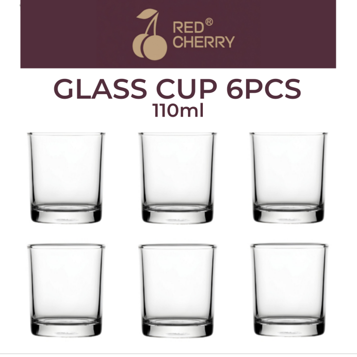 Red Cherry Premium Clear Glass Cup Set 6PCS 110ml | Elegant Mini Tumblers for Home & Kitchen