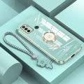 For OPPO A53 2020 / A33 2020 Back Cover with Wrist Strap + Rhinestone Ring Stand Luxury 6D Plating Square Frame Shiny Bling Girls Case Soft Silicone Phone Cases Pouch. 