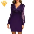 Flattering Figure Dress V Neck Mesh Patchwork Evening Dress for Party Prom Women Dress. 
