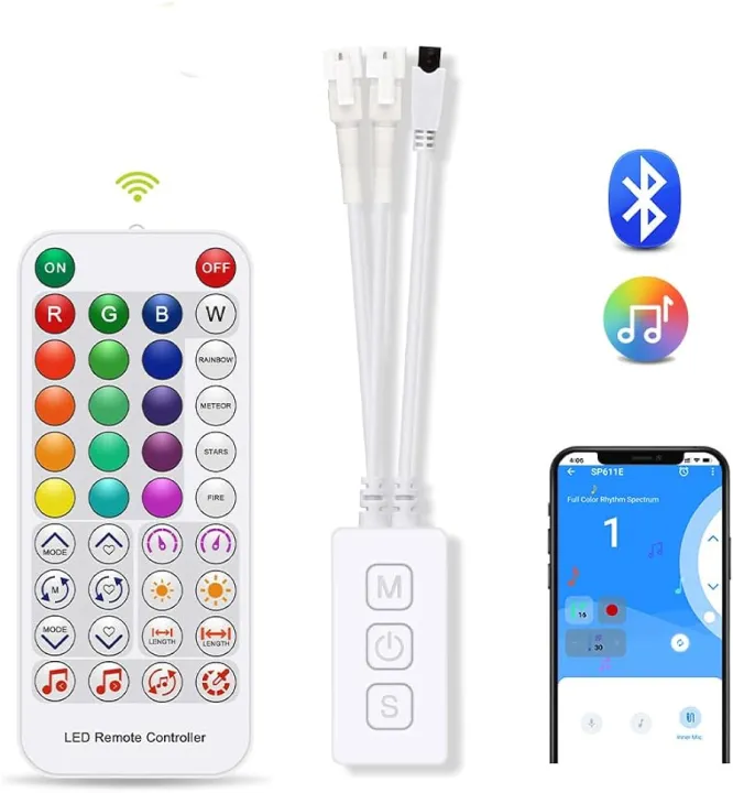 SP611E%20Bluetooth%20Controller%20with%20Dual%20Signal%20Output%20Ports%20for%20LED%20Pixel%20Strip%20/3%20Keys%20Button/IR%2038Key%20Remote%20Control/Built-in%20Mic%20for%20WS2812B%20WS2811%20-%20Image%204