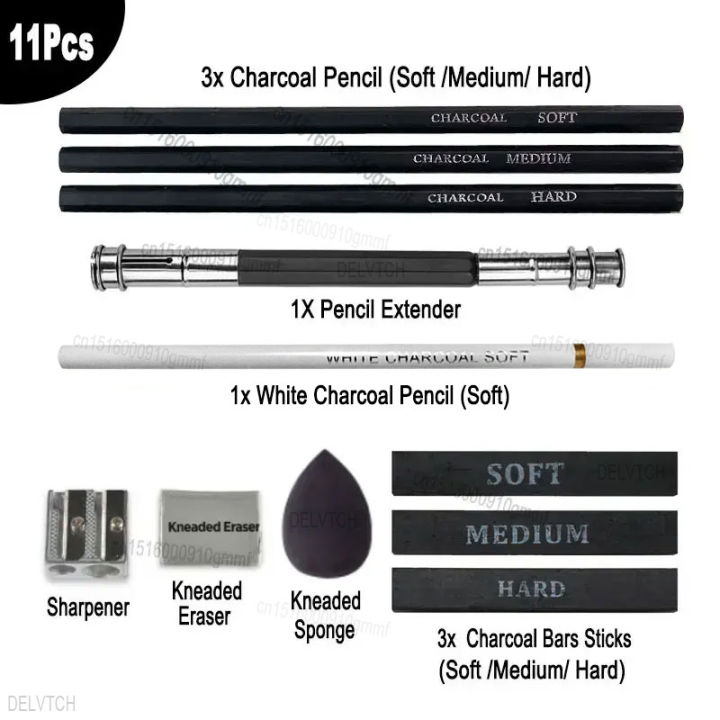 【Exclusive Discount】11Pcs Art Sketch Drawing Set Charcoal Graphite Pencil Soft Medium Hard Bar Sticks Kneaded Eraser Sponge Wiper Tool For Artist